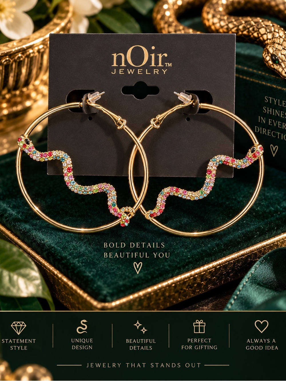 Noir Jewelry Multicolor Pavé Snake Gold Hoop Statement Earrings